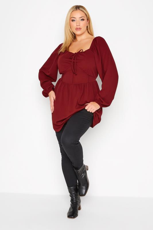LIMITED COLLECTION Plus Size Burgundy Red Corset Detail Peplum Top | Yours Clothing 2