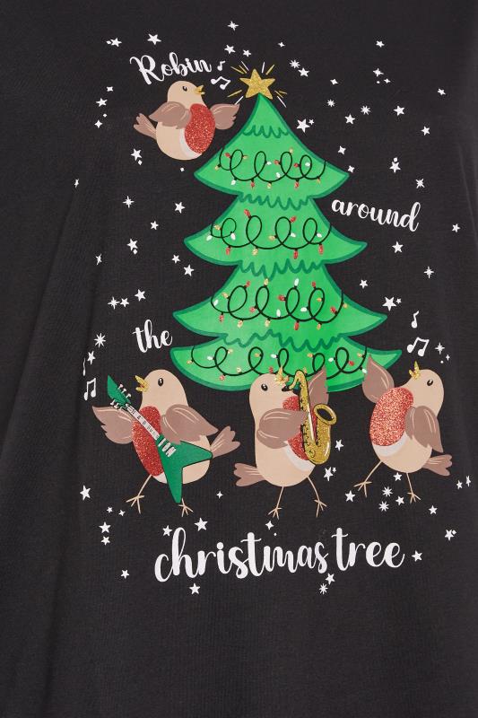 YOURS Plus Size Black 'Robin Around The Christmas Tree' Slogan Christmas T-Shirt | Yours Clothing  5