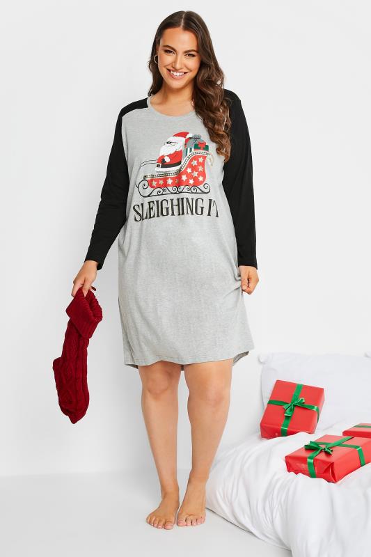 Plus Size Grey 'Sleighing It' Slogan Christmas Nightdress | Yours Clothing 2