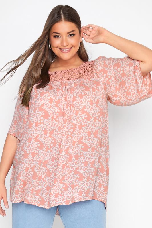 Plus Size Coral Pink Floral Square Neck Top | Yours Clothing 4