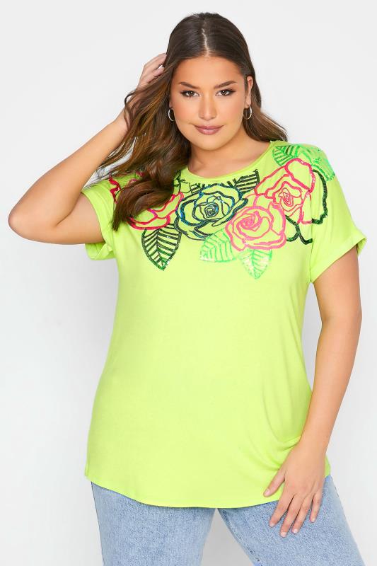 Plus Size Lime Green Floral Embellished Sequin T-Shirt | Yours Clothing 1
