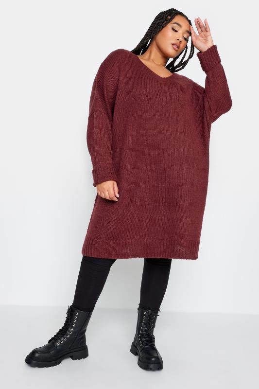 Plus Size  YOURS Curve Burgundy Red Midi Knitted Jumper Dress