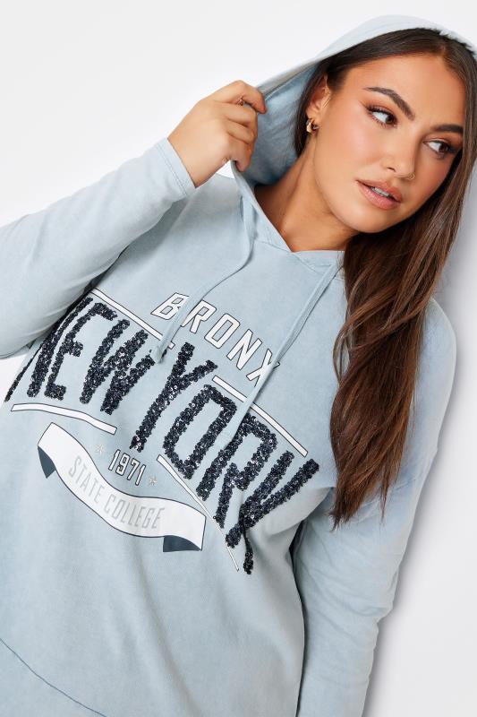 YOURS Plus Size Light Blue 'New York' Slogan Acid Wash Hoodie | Yours Clothing 4