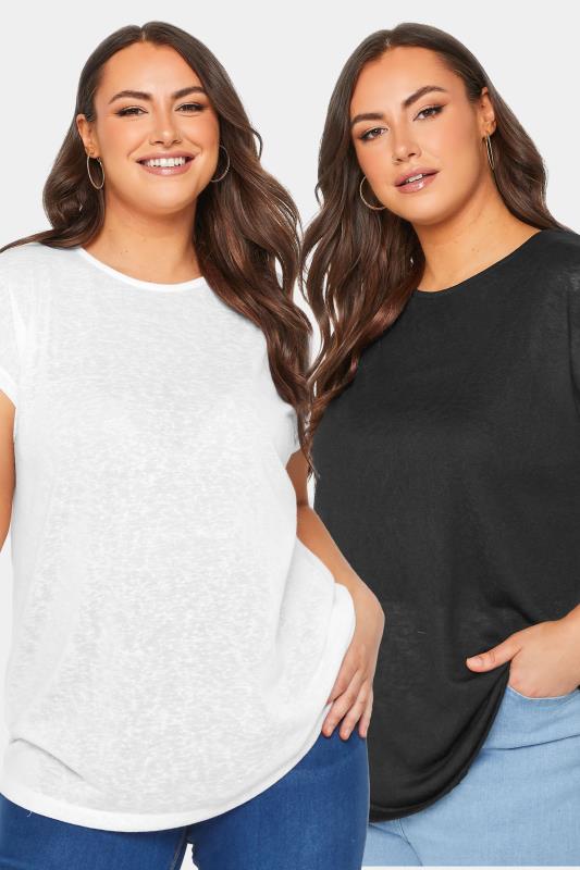 YOURS Curve Plus Size 2 PACK Black Linen Look T-Shirts | Yours Clothing  1