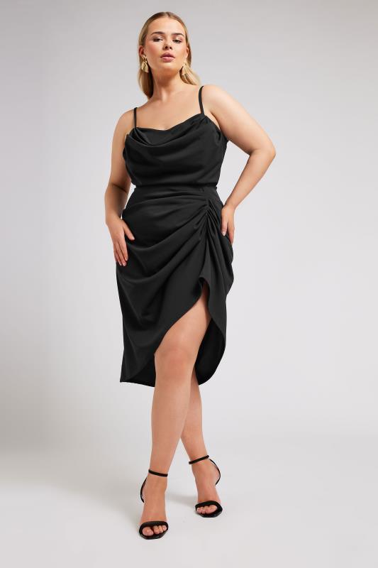 YOURS LONDON Plus Size Black Cowl Neck Gathered Dress | Yours Clothing 2