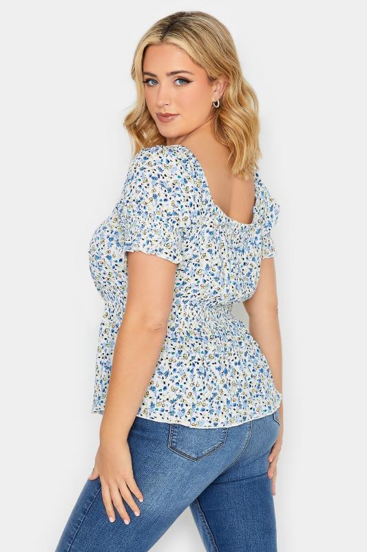 YOURS PETITE Plus Size Curve White & Blue Floral Bardot Top | Yours Clothing  3