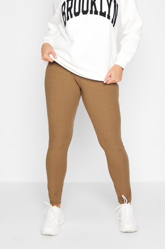LIMITED COLLECTION Plus Size Camel Brown Ribbed Leggings | Yours Clothing 1