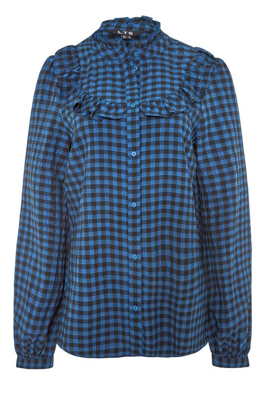 LTS Tall Blue Gingham Ruffle Front Shirt 6