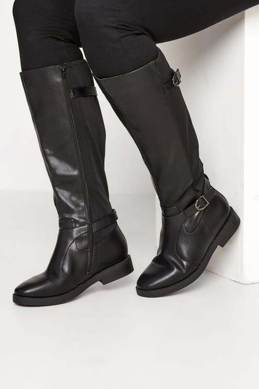  Black Double Strap Knee High Boots In Wide E Fit & Extra Wide EEE Fit