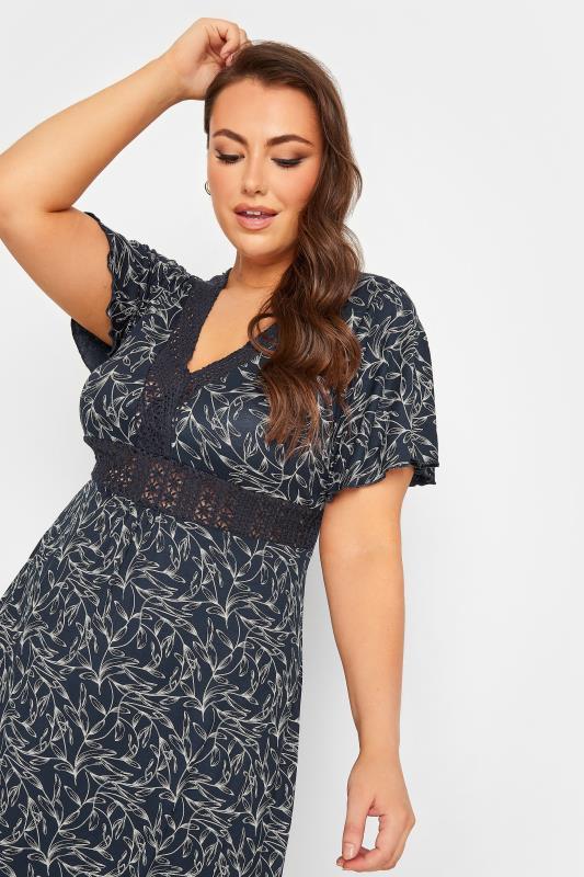 YOURS Plus Size Navy Blue Leaf Print Lace Detail Dress | Yours Clothing 4