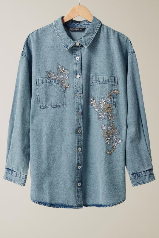 EVANS Plus Size Blue Denim Sequin Embellished Shirt | Evans 6