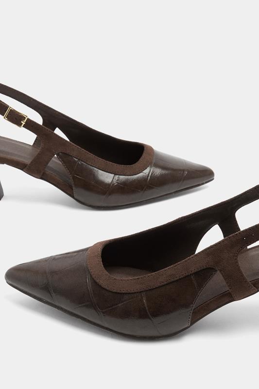 Chocolate Brown Croc Embossed Sling Back Heels In Wide E Fit | Yours Clothing 5