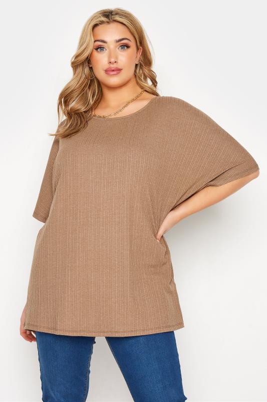 Plus Size  Curve Brown Ribbed Swing Top
