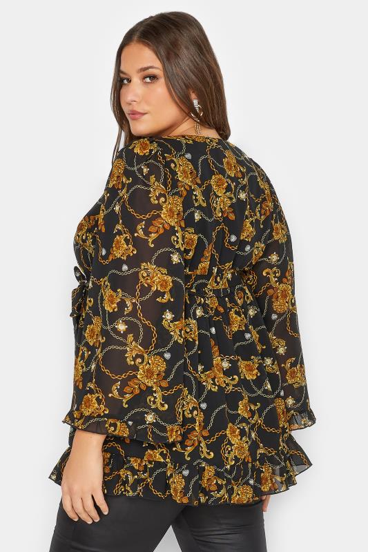 YOURS LONDON Plus Size Black Chain Floral Print Ruffle Wrap Top | Yours Clothing 3