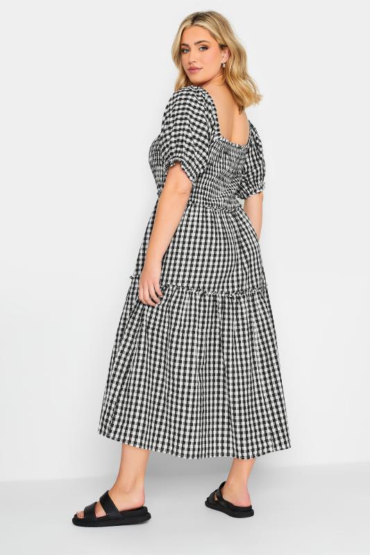 YOURS PETITE Plus Size Black Gingham Print Shirred Midaxi Dress | Yours Clothing 3