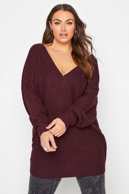  Grande Taille Curve Berry Red V-Neck Knitted Jumper