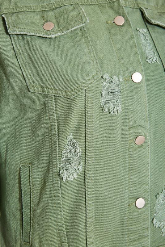 Plus Size Khaki Green Distressed Western Denim Jacket | Yours Clothing 5