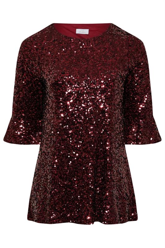 YOURS LONDON Plus Size Red Sequin Embellished Flute Sleeve Top | Yours Clothing 6