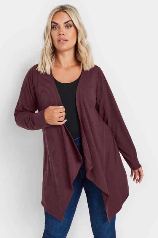 YOURS Plus Size Burgundy Red Ribbed Waterfall Cardigan | Yours Clothing 1