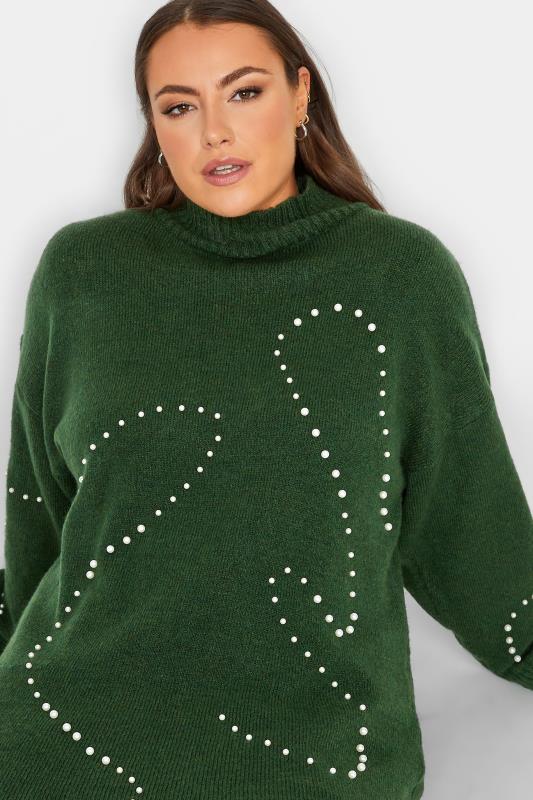 YOURS LUXURY Plus Size Green Pearl Embellished Batwing Jumper | Yours Clothing 2