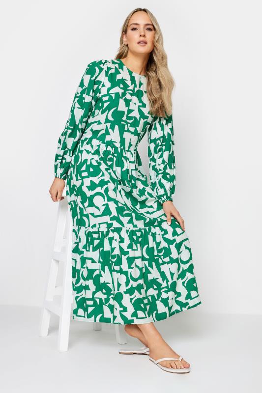  Tallas Grandes LTS Tall Green Abstract Print Tiered Maxi Dress