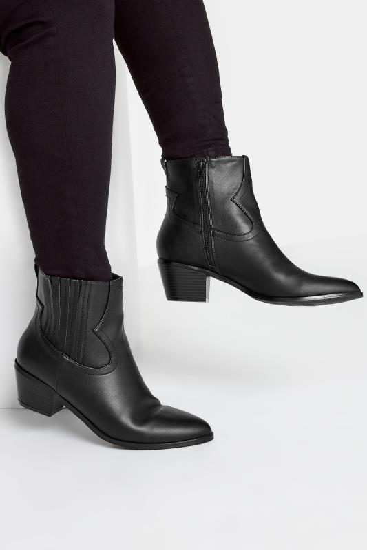 Black Western PU Ankle Boot In Wide E Fit & Extra Wide EEE Fit | Yours Clothing 1