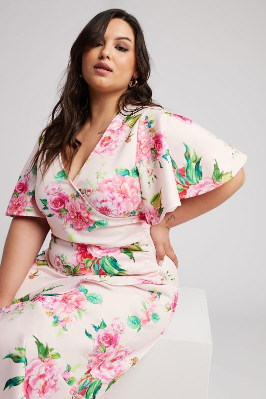 YOURS LONDON Plus Size Pink Floral Print Ruched Midi Dress | Yours Clothing 4