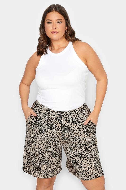 YOURS Curve Plus Size Stone Brown Leopard Print Jersey Shorts | Yours Clothing  1
