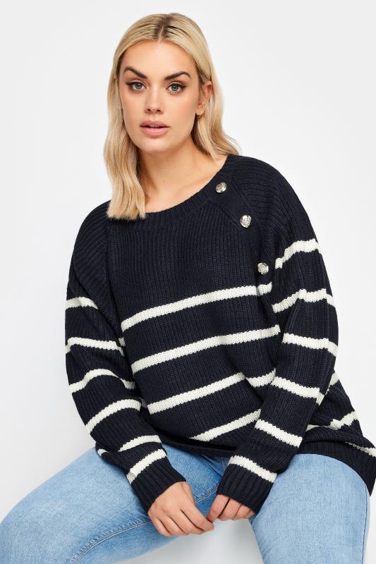  Grande Taille YOURS Curve Navy Blue Stripe Button Detail Jumper
