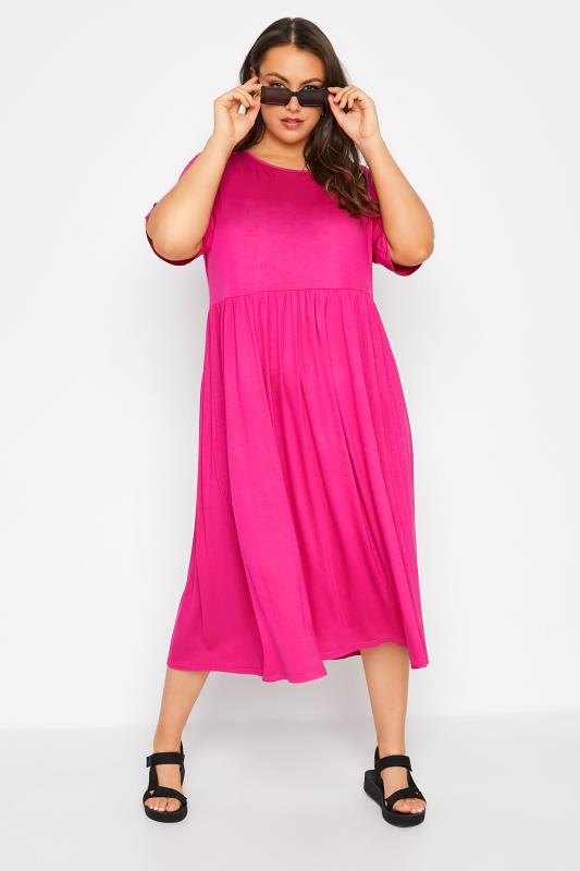 LIMITED COLLECTION Curve Hot Pink Midaxi Smock Dress 1