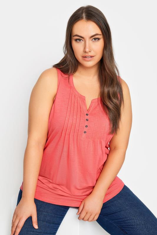 YOURS Plus Size Pink Pintuck Henley Style Vest Top | Yours Clothing 1