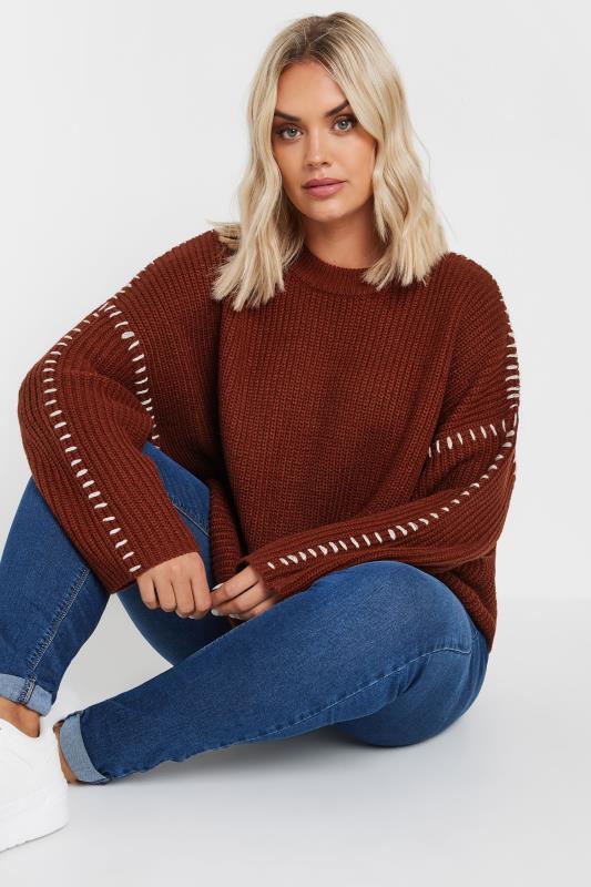 YOURS Plus Size Rust Orange Contrast Blanket Stitch Jumper | Yours Clothing 4