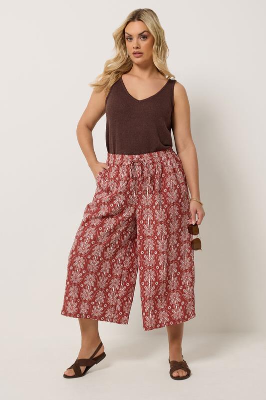 YOURS Plus Size Rust Orange Palm Tree Cropped Trousers | Yours Clothing 1