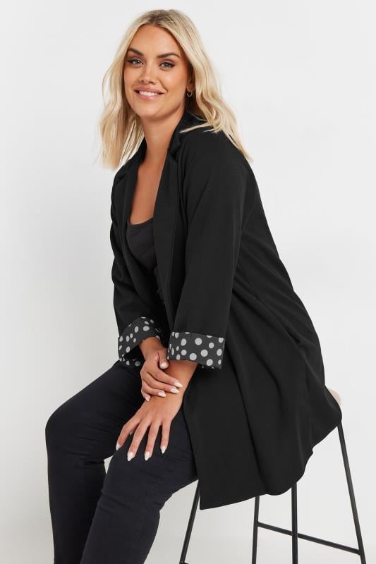 Plus Size  YOURS Curve Black Polka Dot Roll Back Sleeve Blazer