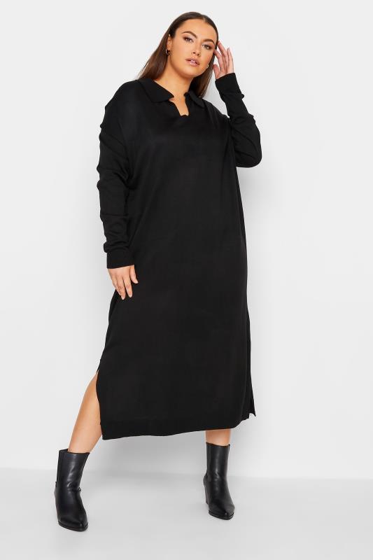 Plus Size Black Open Collar Knitted Jumper Dress | Yours Clothing 1