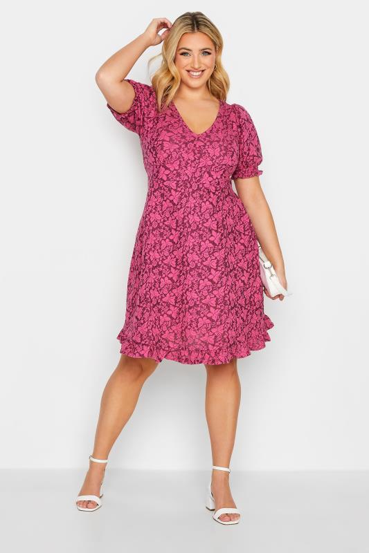 Curve Dark Pink Floral Midi Dress | Yours Clothing  2
