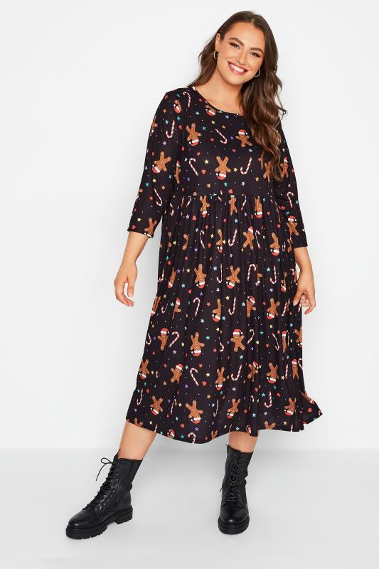 LIMITED COLLECTION Plus Size Black Christmas Gingerbread Print Smock Dress | Yours Clothing 2