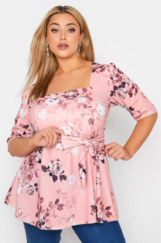 YOURS LONDON Curve Pink Floral Peplum Top_B.jpg