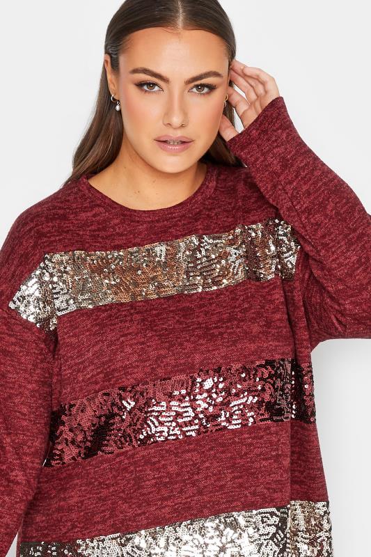 YOURS LUXURY Curve Red Sequin Embellished Stripe Soft Touch Top | Yours Clothing 1