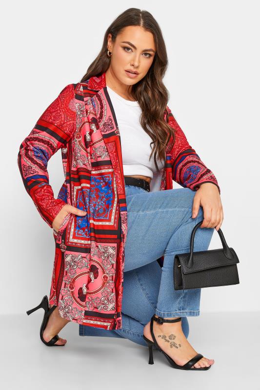 YOURS Curve Plus Size Rust Orange Scarf Print Blazer | Yours Clothing  1
