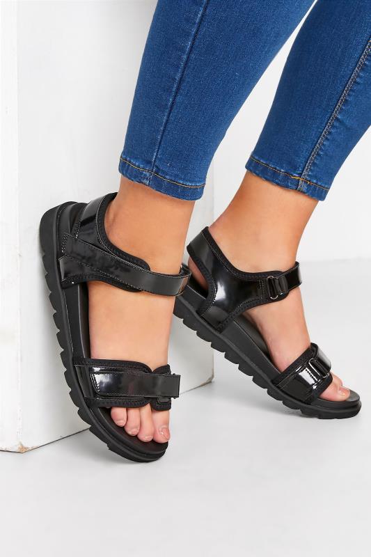  Black Patent Adjustable Strap Sandals In Extra Wide EEE Fit