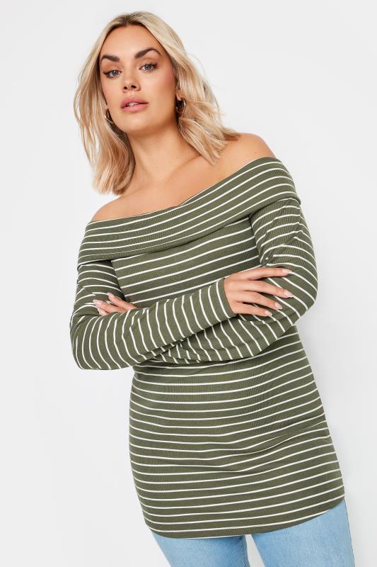 YOURS Plus Size Green Stripe Long Sleeve Bardot Top | Yours Clothing 2
