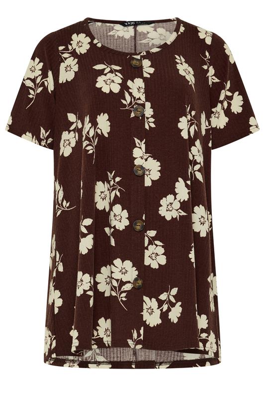 YOURS Plus Size Brown Floral Button Front Ribbed Swing Top | Yours Clothing 5