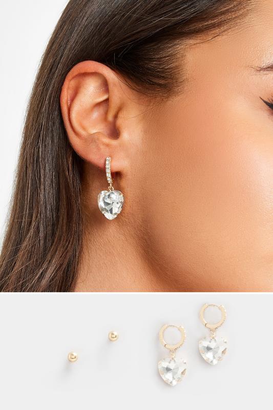 Plus Size  2 PACK Gold Tone Diamante Heart Hoop & Stud Earring Set