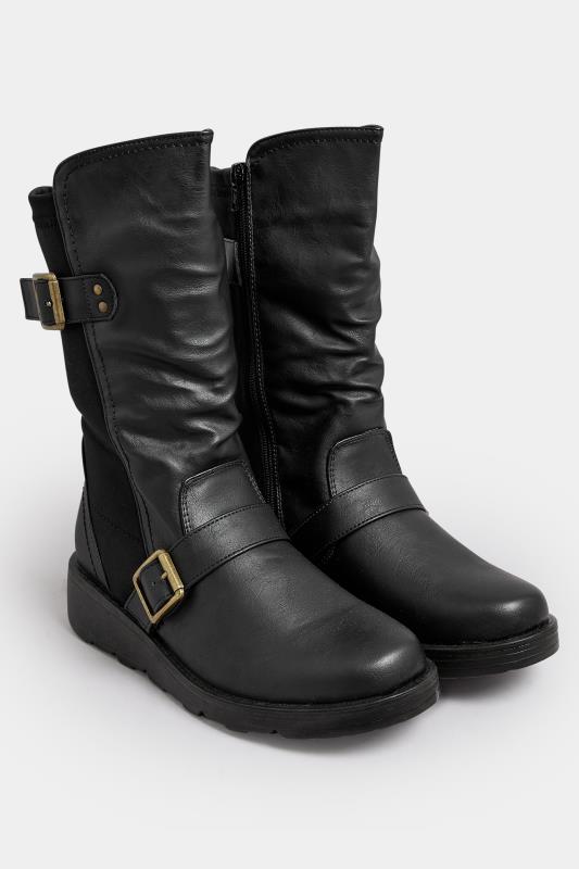 Black Faux Leather Wedge Buckle Boots In Extra Wide EEE Fit | Yours Clothing 2