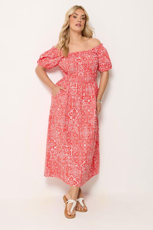YOURS Plus Size Red Paisley Poplin Bardot Dress | Yours Clothing 1