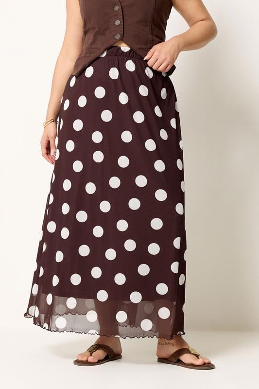 YOURS Plus Size Chocolate Brown Polka Dot Mesh Skirt | Yours Clothing 1