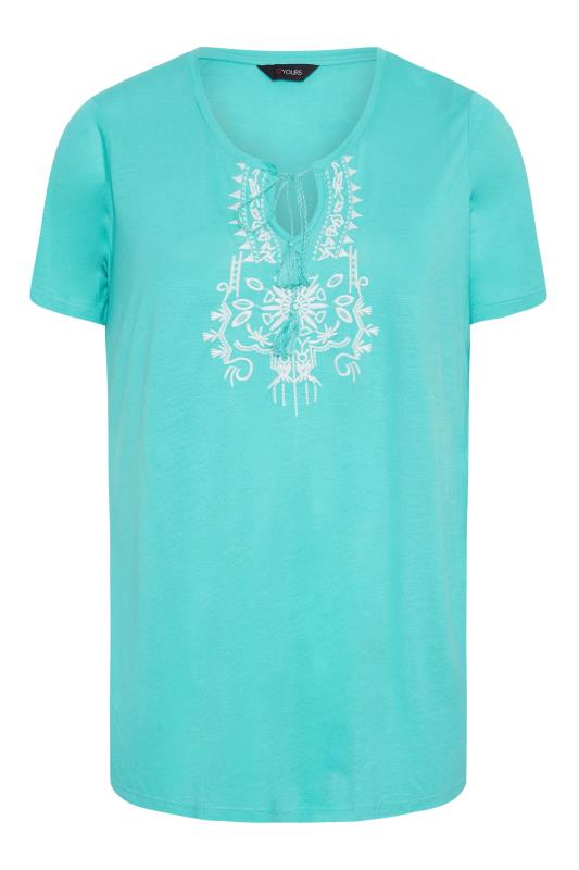 Plus Size Blue Aztec Embroidered Tie Neck T-Shirt | Yours Clothing  6