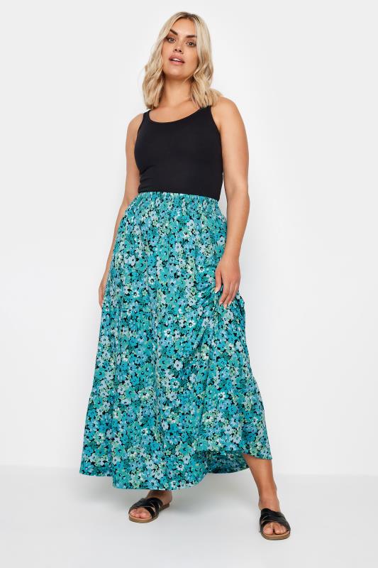  YOURS Curve Blue Floral Print Textured Tiered Maxi Skirt