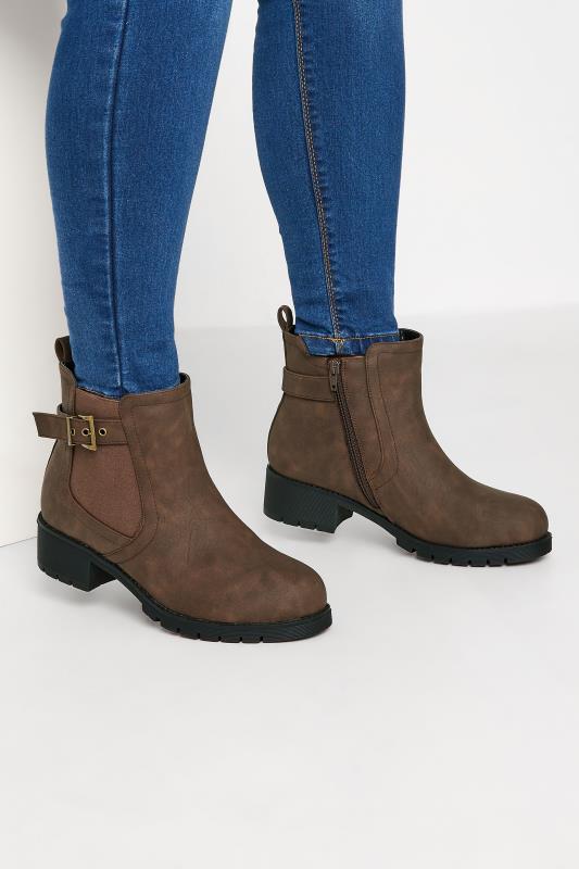 Plus Size  Yours Brown Buckle Ankle Boots In Extra Wide EEE Fit